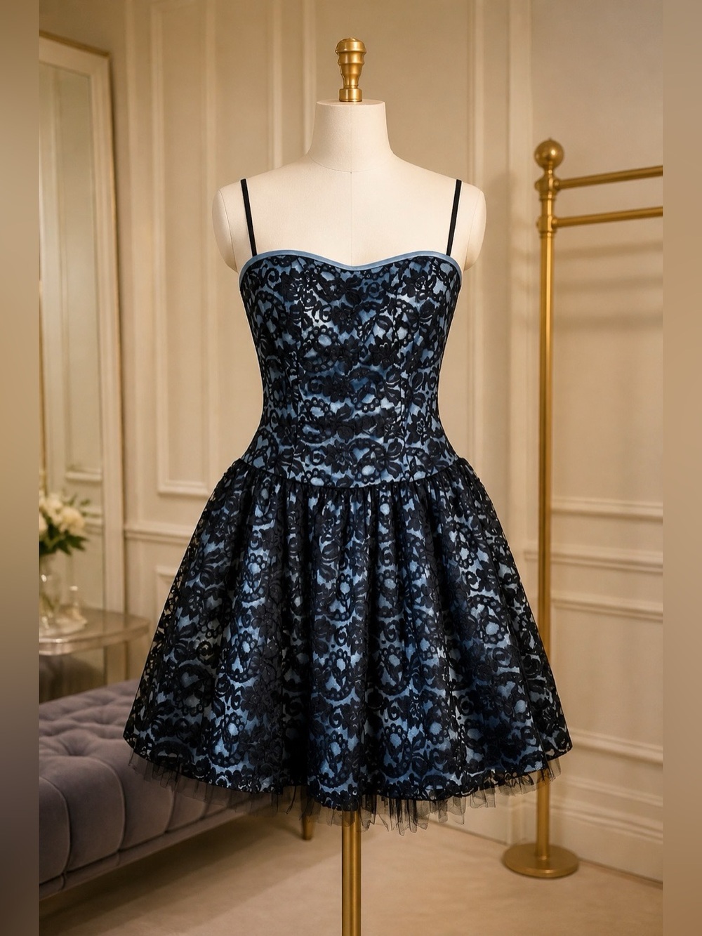 STRAPLESS TEAL SATIN COVERED W BLACK LACE & TOOLE